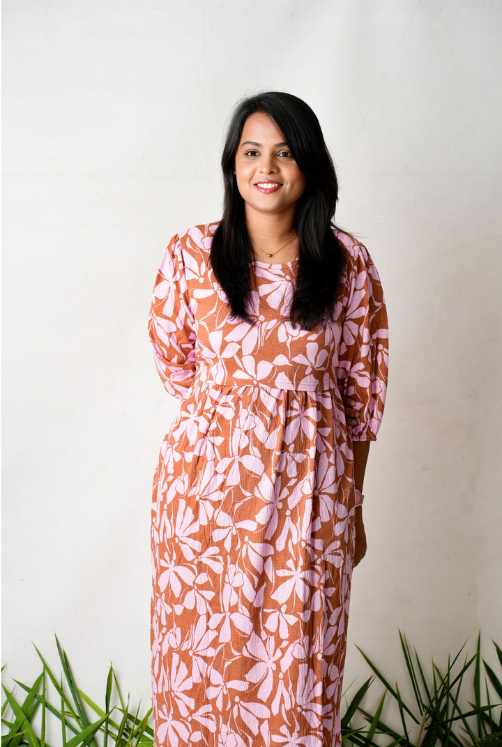 Midi Bubblegum  Floral waffle  casual Dress