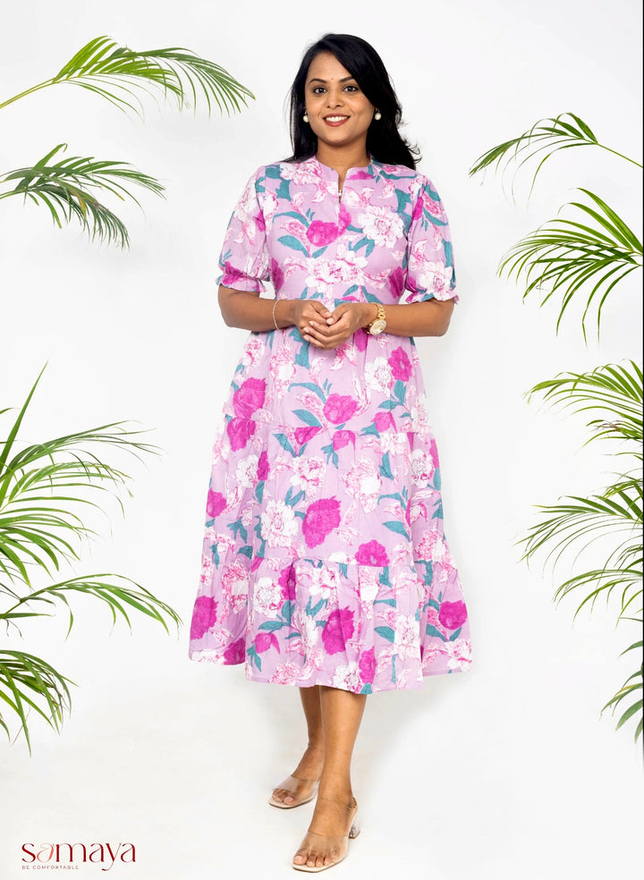 Lavender floral casual  dress with lining