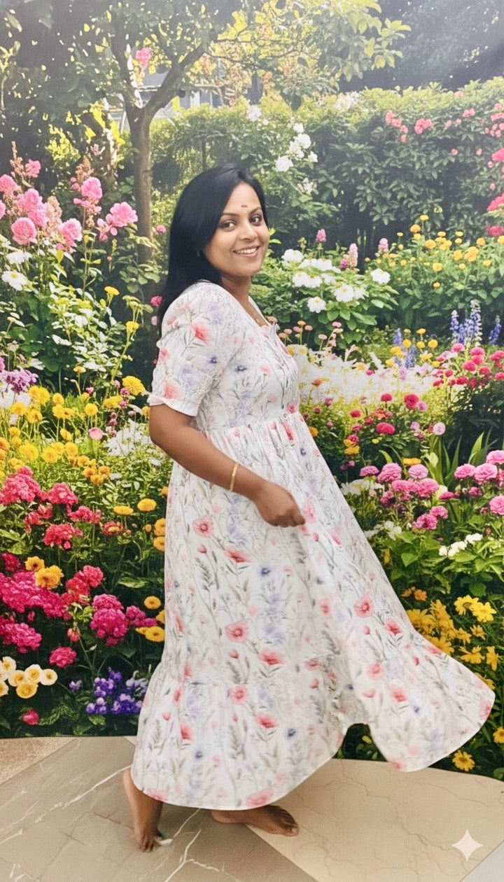 Roh white bloom Dress With Lining