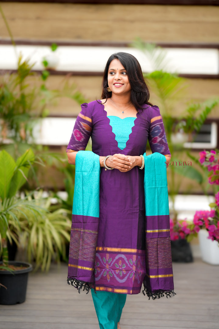 Shanthini -purple  blue   Pochampally 3 piece  suit set with Dupatta