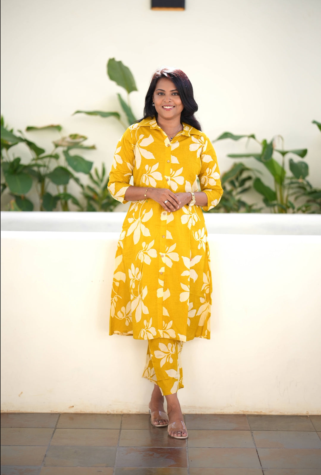 Yellow cotton kurta set (button opening)