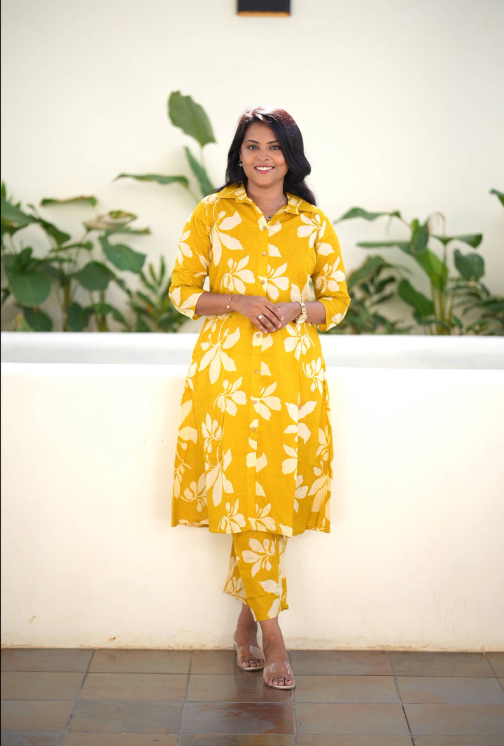 Yellow cotton kurta set (button opening)