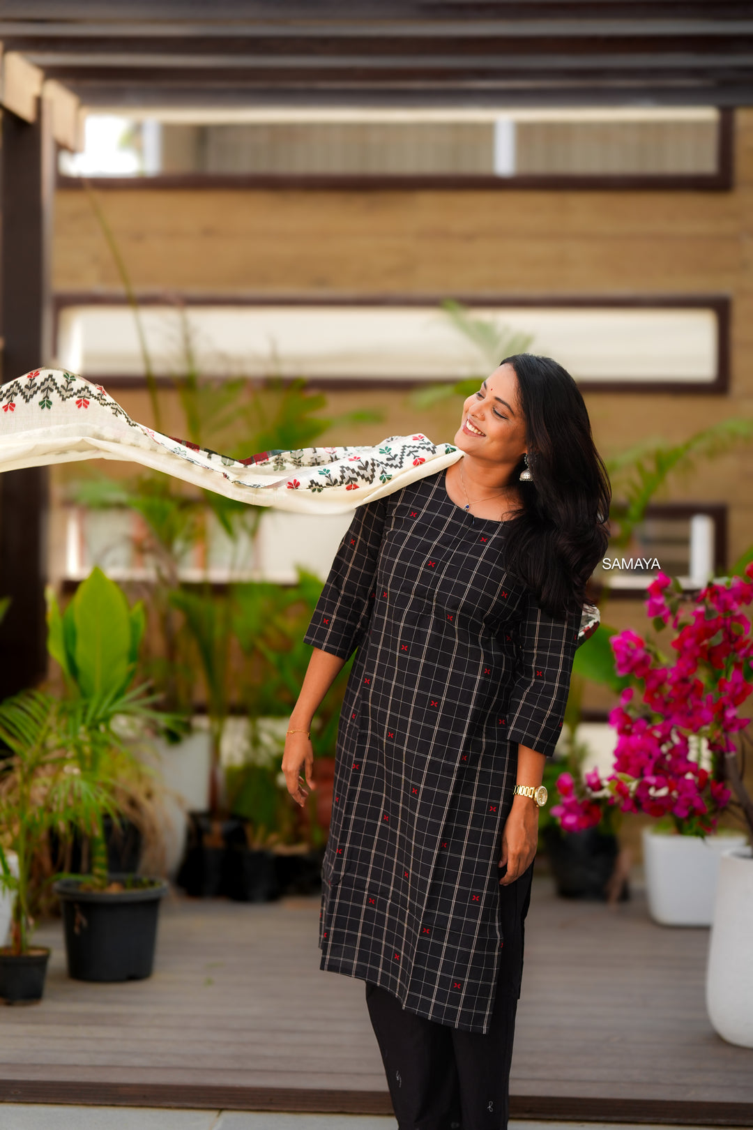 Black checked handloom Cotton 3 piece Set with embroidered dupptta