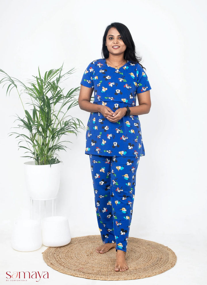 Maternity Mickey-Nursing Pant Set in blue with short sleeve nursing top and matching pants, featuring Mickey print and nursing flap for easy feeding.