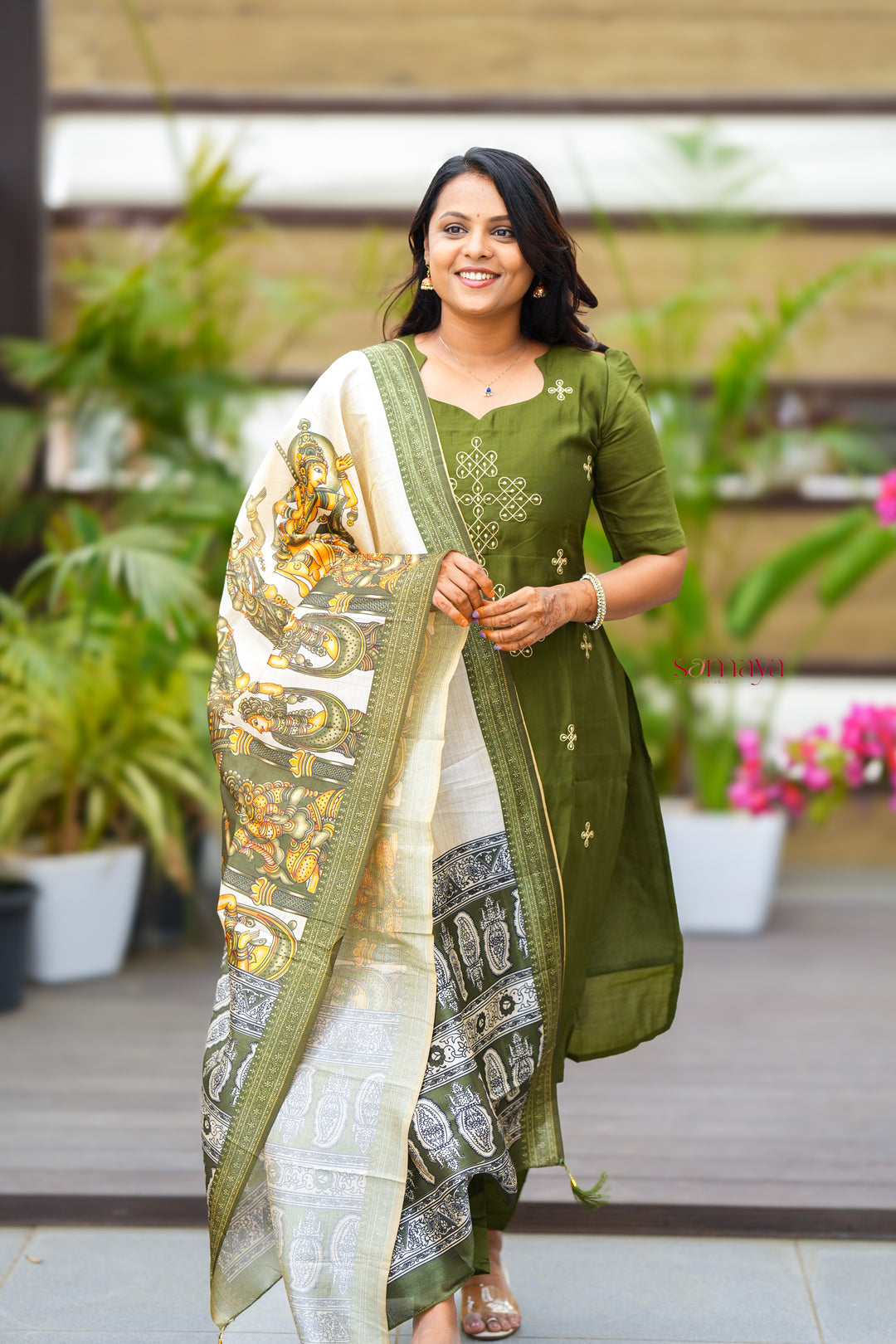 Saanvi-green kollam  3 piece salwar suit set with printed kalamkari dupptta