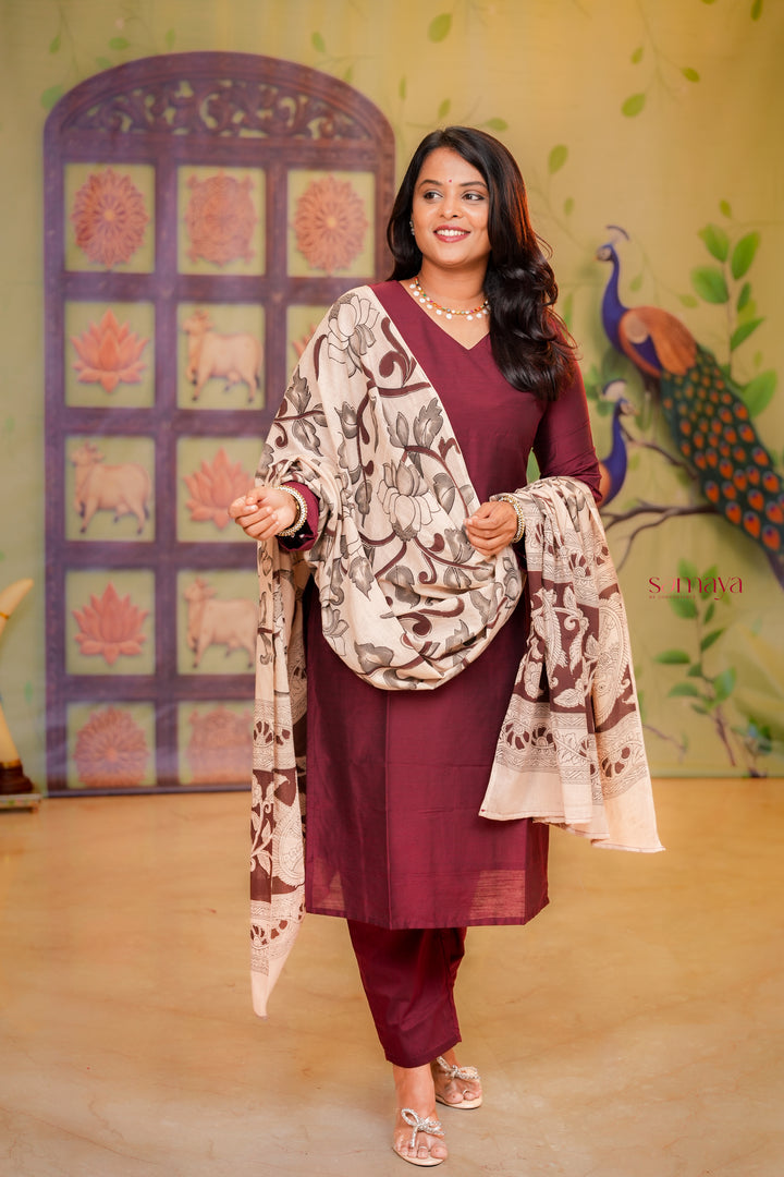 Malar -maroon  raw silk Kurta Set with hand painted kalamkari cotton dupptta
