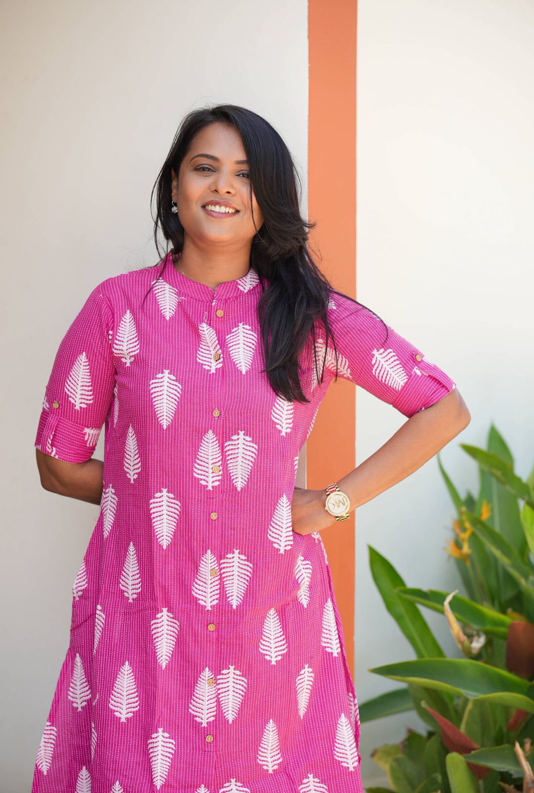 Pink cotton kurta set (button opening)