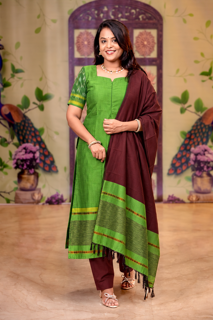 Shanthini - Green maroon 3 piece Pochampally  suit set with Dupatta
