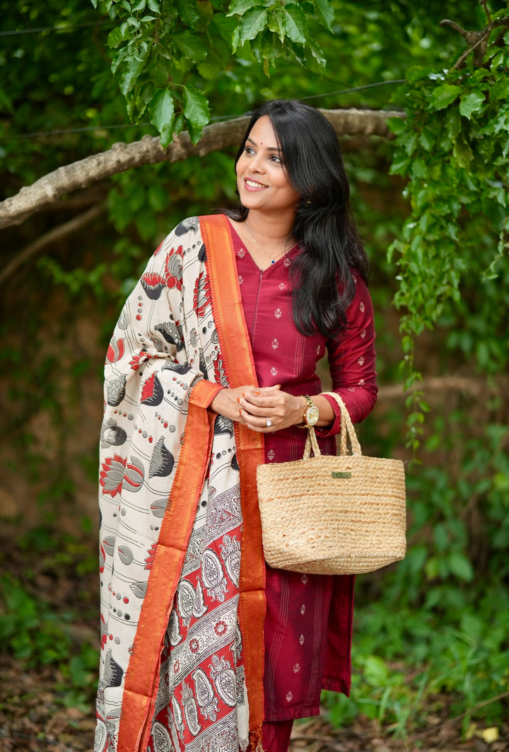 Nithya maroon raw silk Kurta Set with Kalamkari hand painted duptta ( 3 piece set )