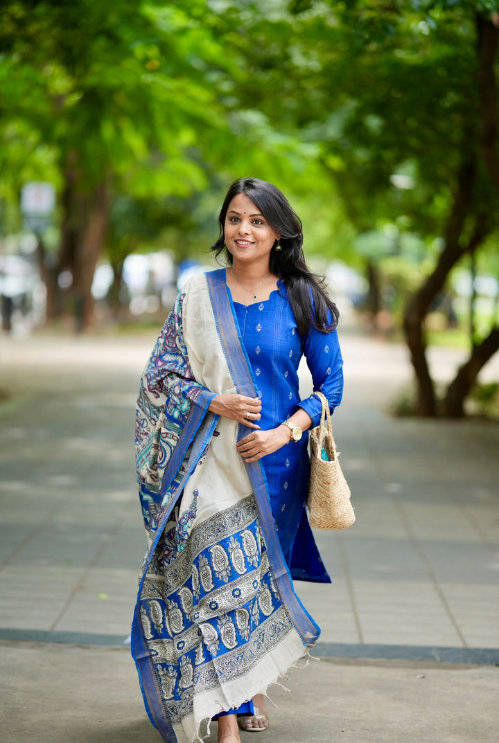 Mayilirage royal blue raw silk Kurta Set with Kalamkari hand painted duptta ( 3 piece set )
