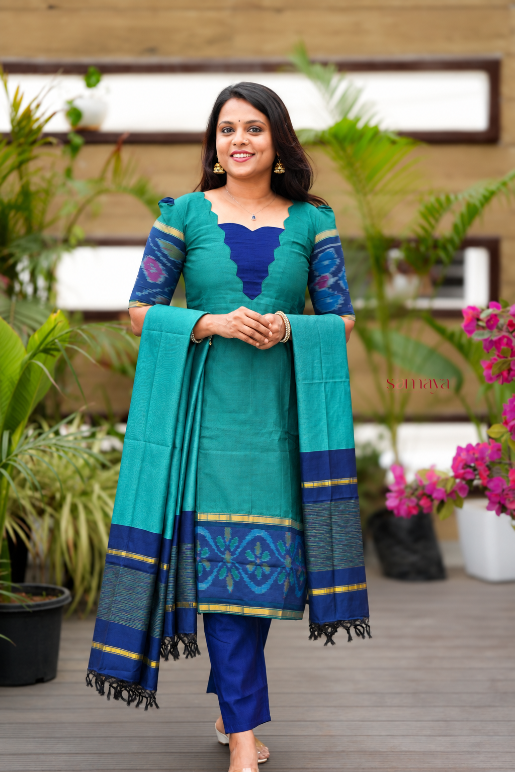 Rama green with blue 3 piece suit set with Dupatta
