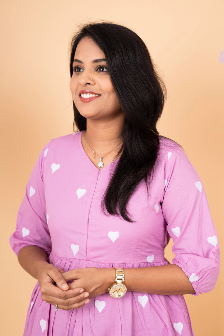 Lavender heart embroidered pure cotton casual  Dress With Lining