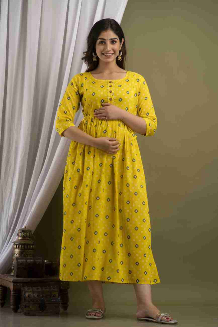 Yellow bandhini Maternity Feeding  kurta