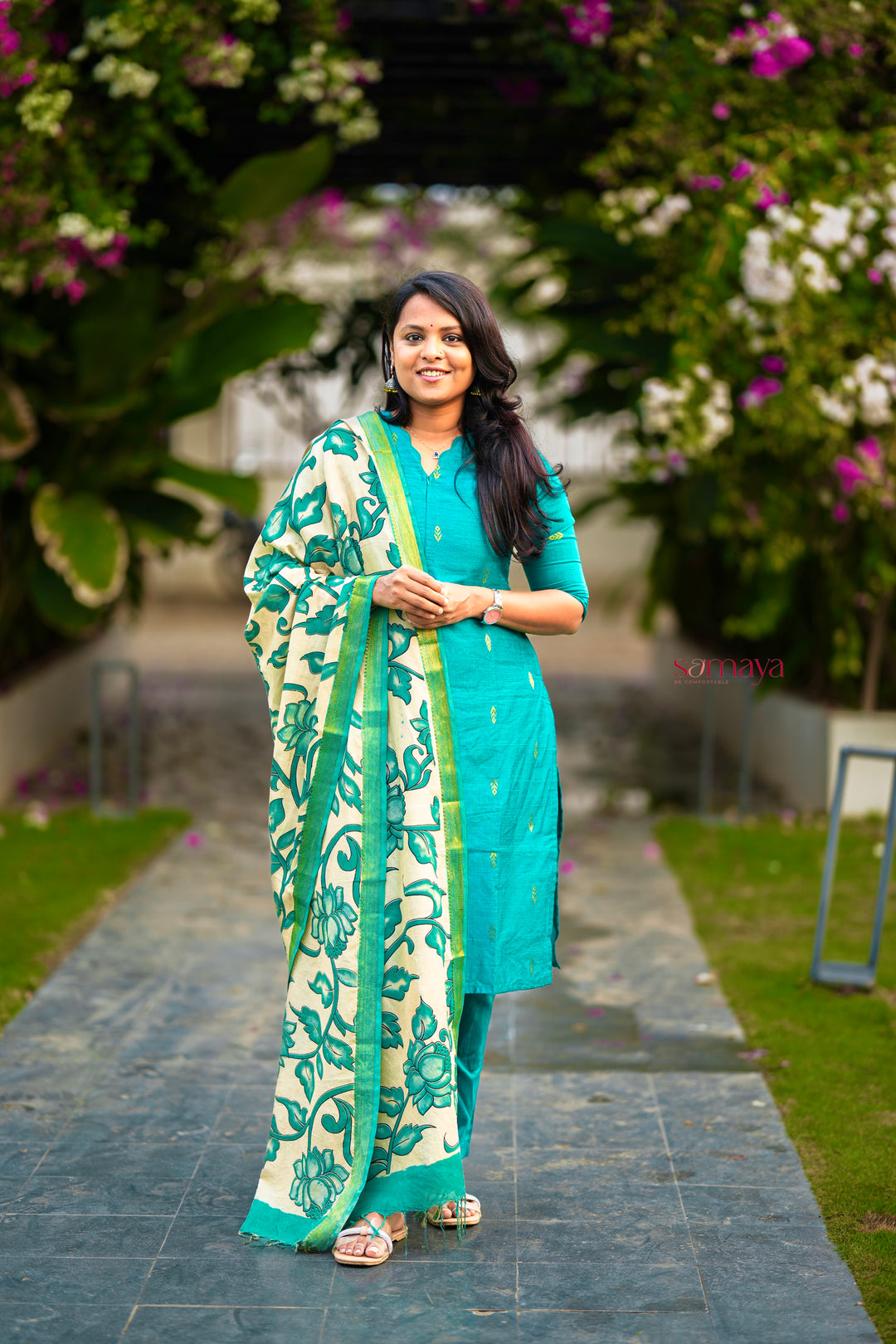 Vaishnavi 3 piece raw silk suit set wth hand painted kalamkari dupptta(pre order)