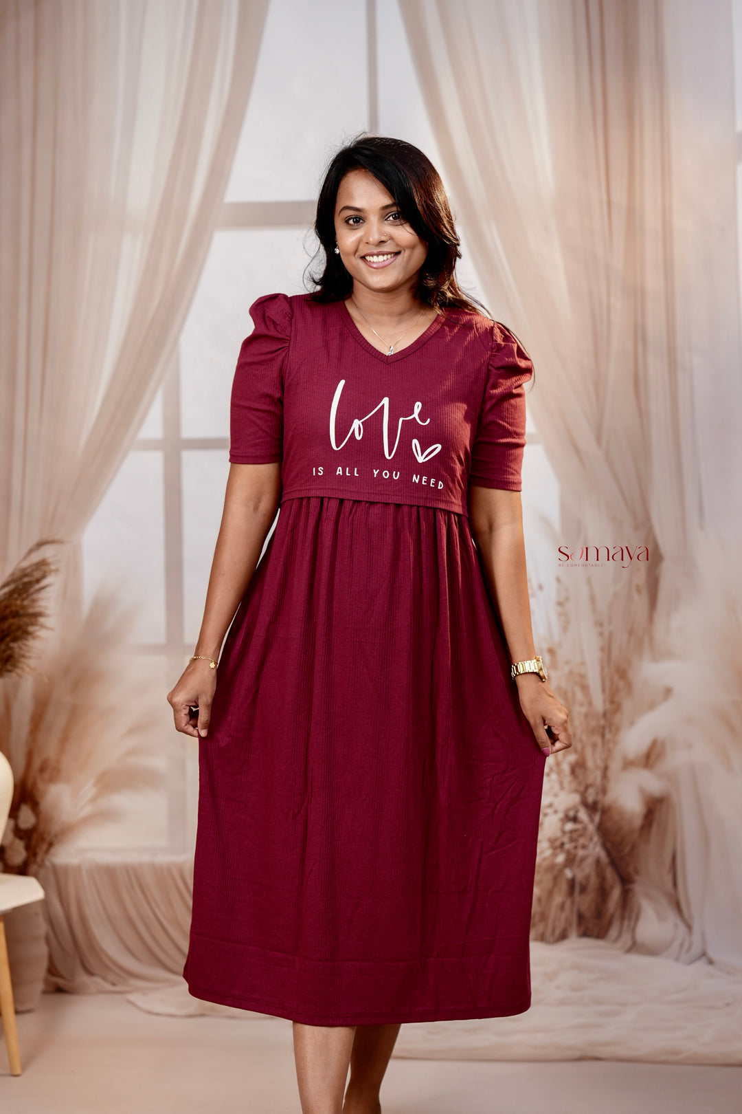Calf length Wine love Ribbed Light Weight Dress