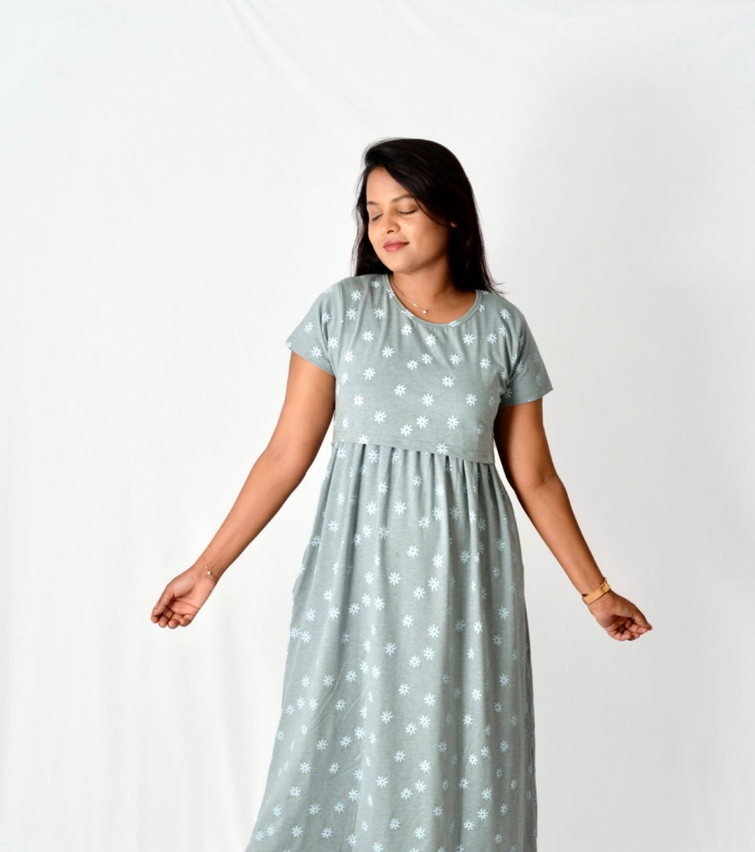MAxi  Dress -Grey FLOWER summer collection thick( Minor embroidery variation so sold at sale price )