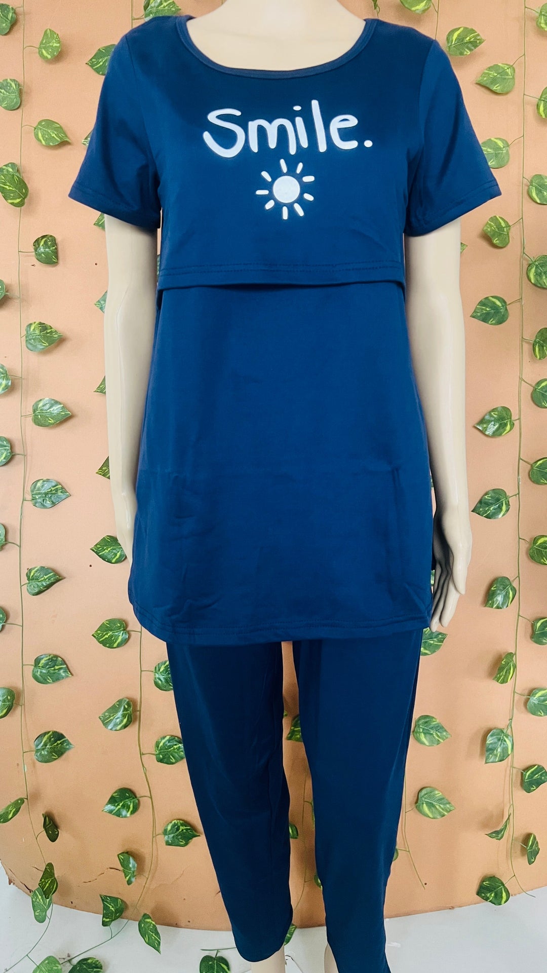 Navy Smile Pant Set featuring a relaxed fit cotton top with "Smile" print and matching full-length pants with pockets, ideal for cozy winter loungewear.