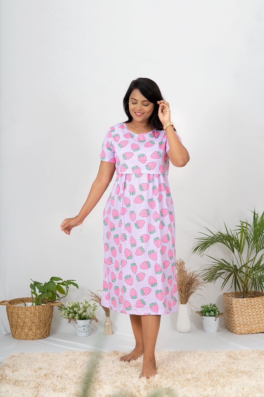 Midi Purple Strawberry Dress light weight( Minor embroidery variation )