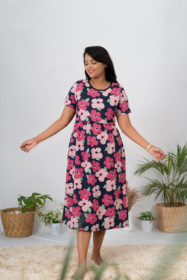 Midi Navy Pink Floral Dress thick winter (Minor embroidery variation so sold at sale price )