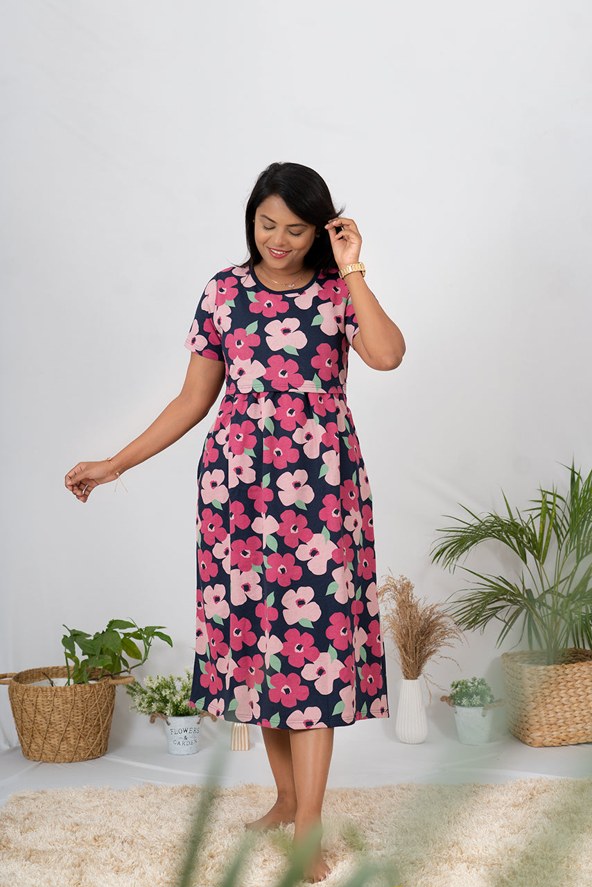 Midi Navy Pink Floral Dress thick winter (Minor embroidery variation so sold at sale price )