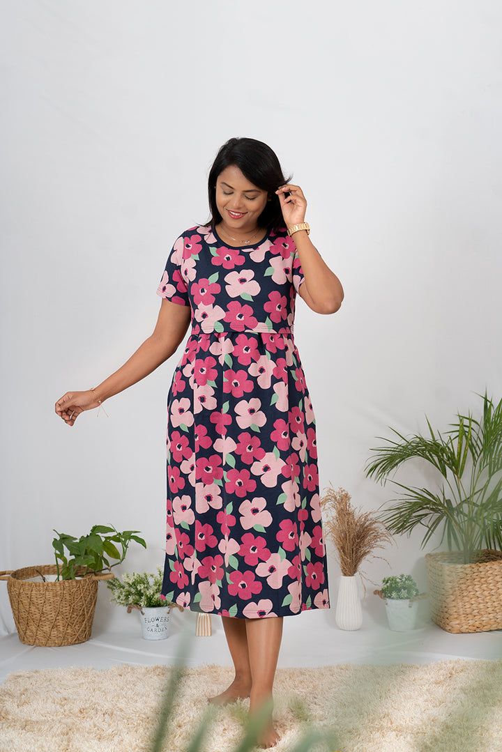 Midi Navy Pink Floral Dress thick winter (Minor embroidery variation so sold at sale price )