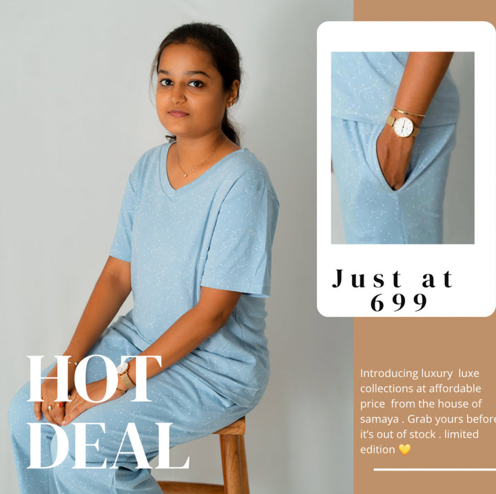 Star Dust Pant Set relaxed fit cotton lounge wear with pockets in light blue color