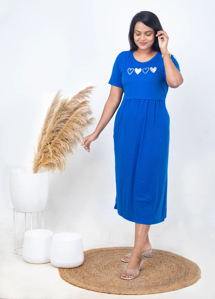 Midi Royal blue Heart  dress ribbed( Minor embroidery variation )