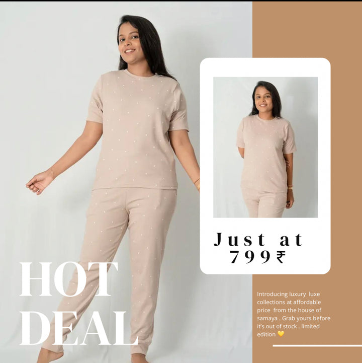 Cream Dots Pant Set Ribbed
