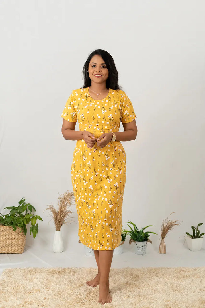 Maxi Yellow Floral Ribbed Dress( Minor embroidery variation )