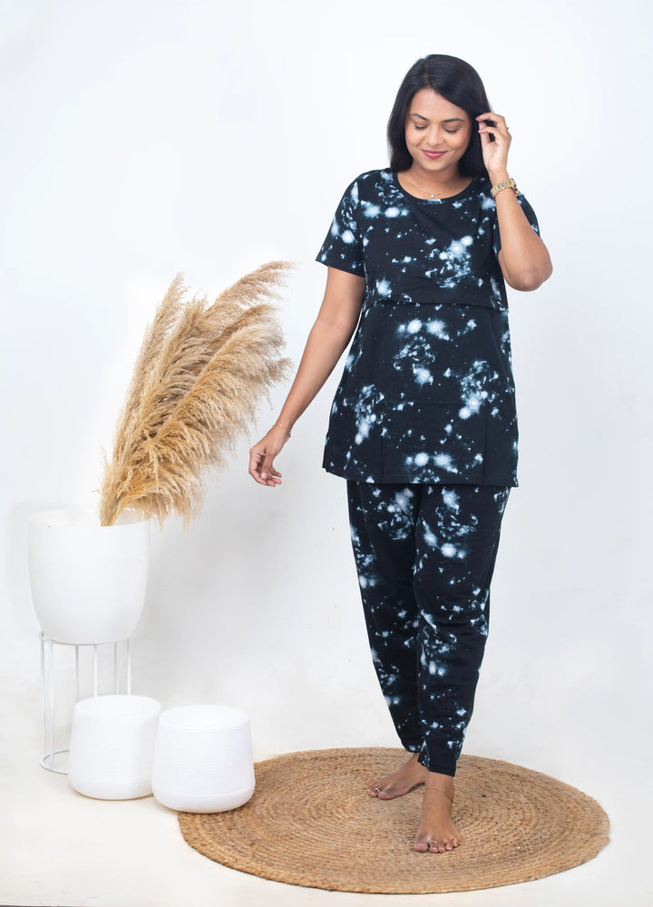 Black tie and dye maternity nursing top and pant set with short sleeves and nursing flap for feeding access