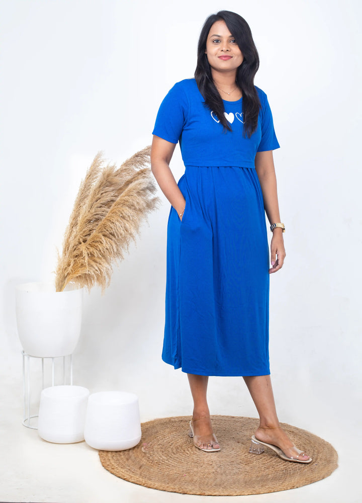 Midi Royal blue Heart  dress ribbed( Minor embroidery variation )