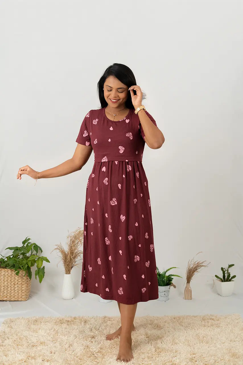 Midi wine Heart Ribbed( Minor embroidery variation )( Samaya exclusive premium fabric )