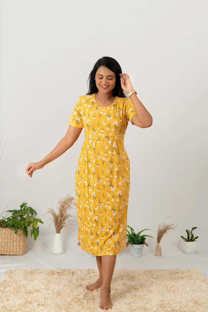 Maxi Yellow Floral Ribbed Dress( Minor embroidery variation )