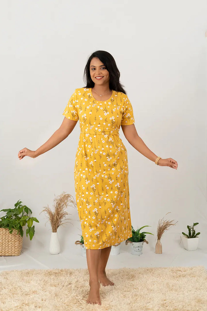 Maxi Yellow Floral Ribbed Dress( Minor embroidery variation )