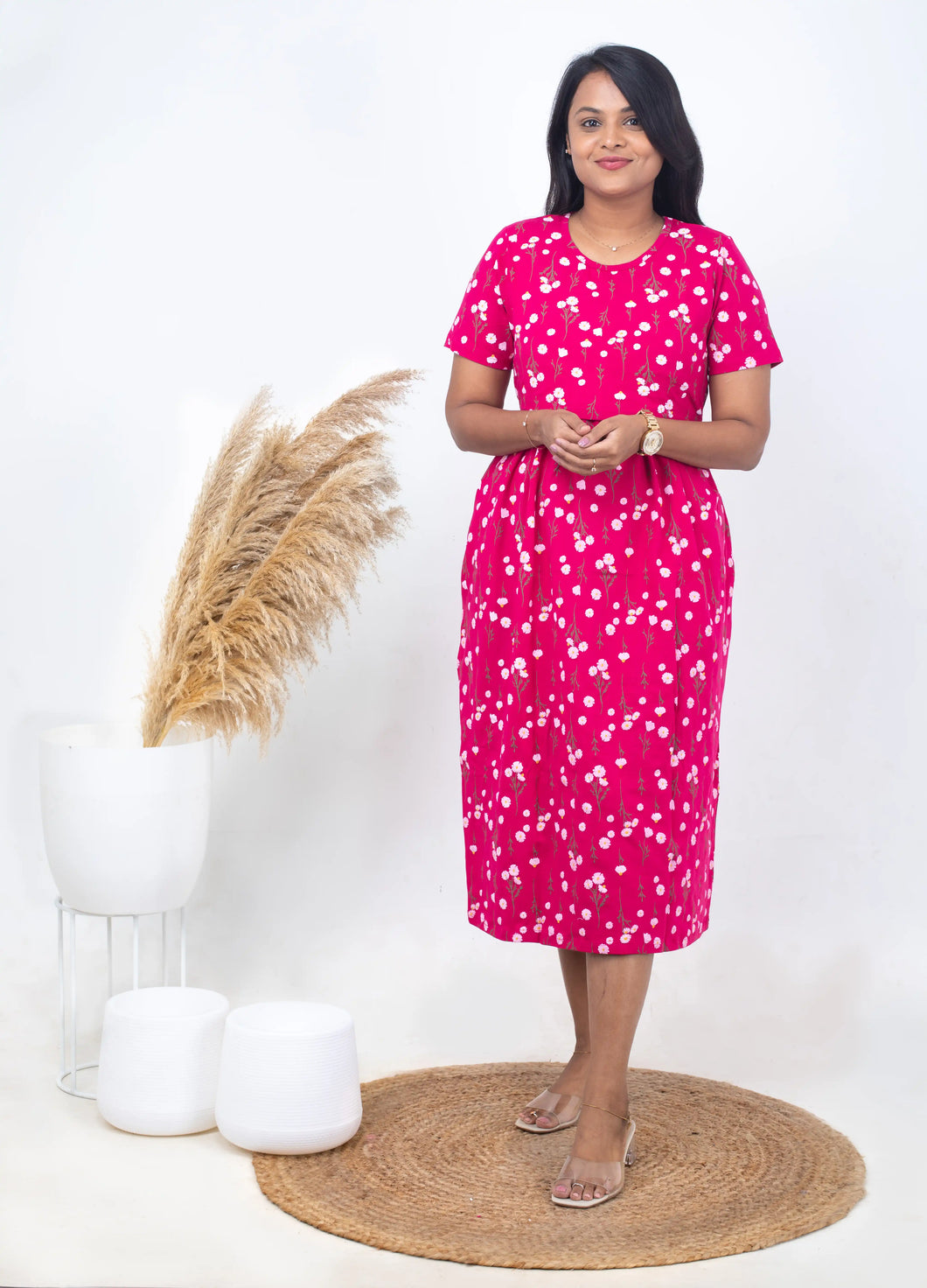 Midi Hot Pink normal  Weight  dress ( Samaya exclusive premium fabric )