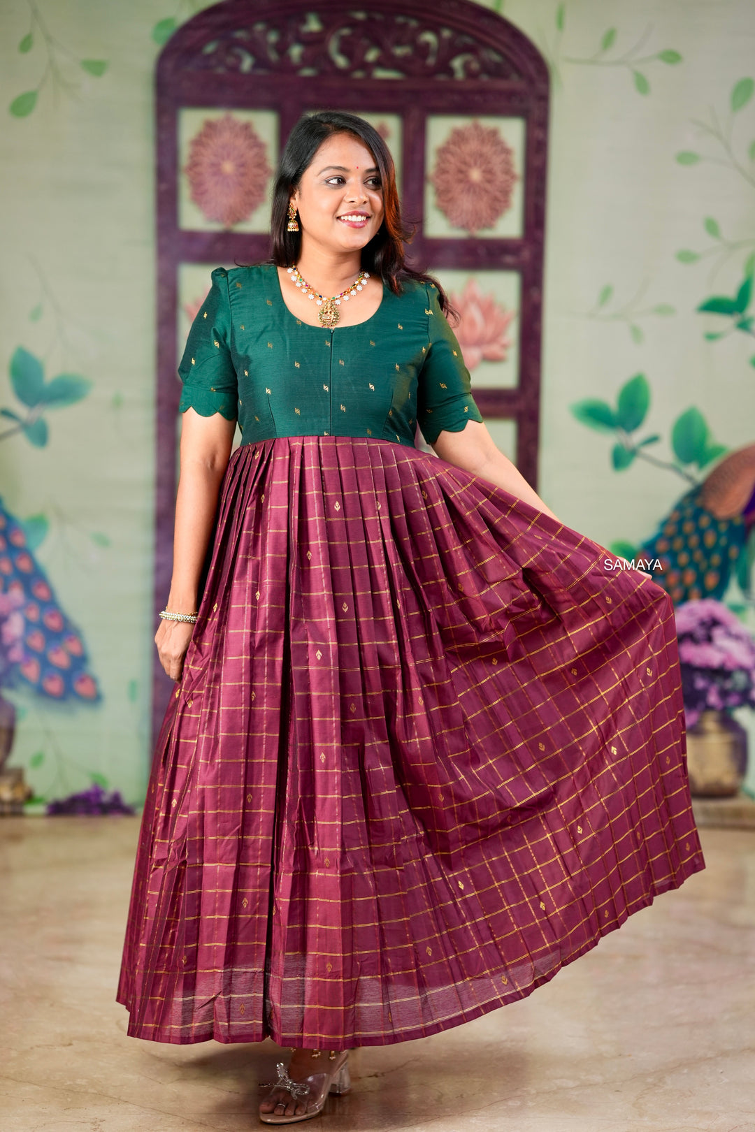 Nalam raw silk Maroon maxi dress with lining