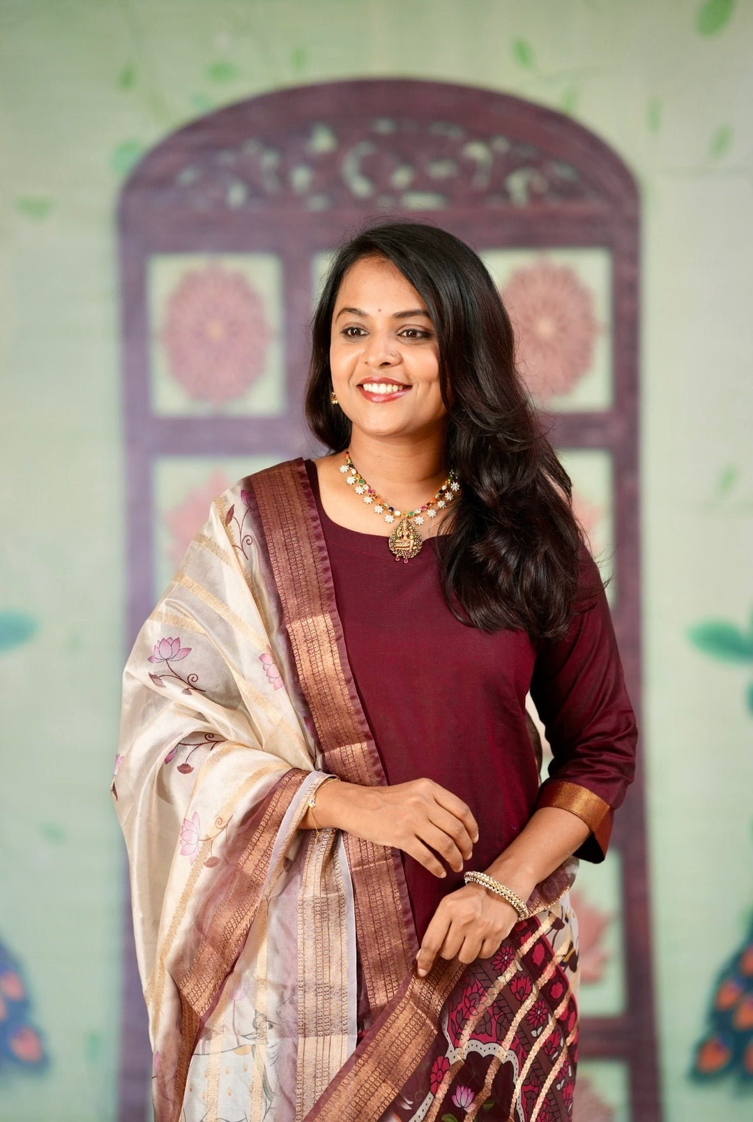 Poonghuzhalli  silk Kurta with border 3 piece set with organza gold zari dupptta