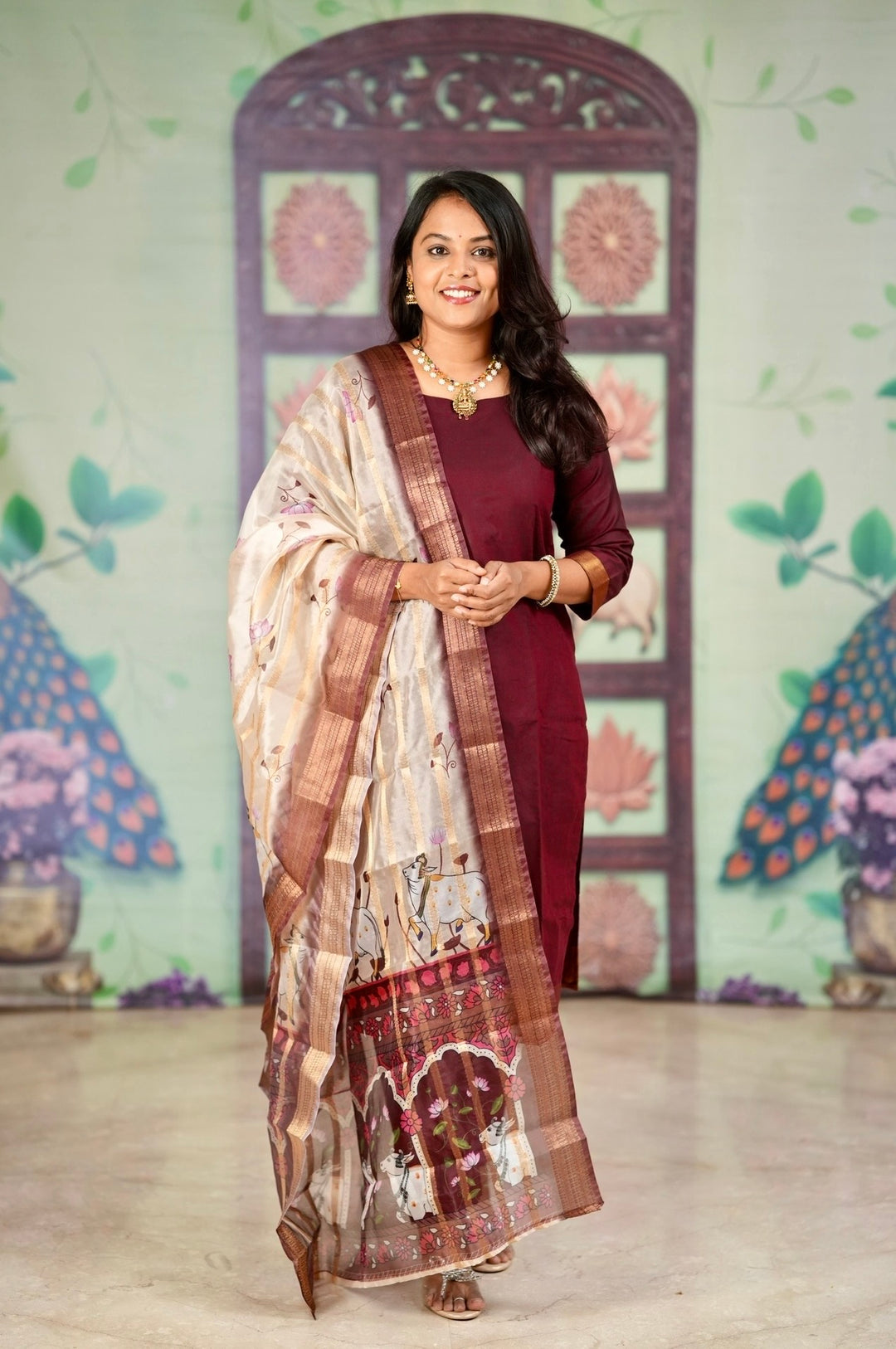 Poonghuzhalli  silk Kurta with border 3 piece set with organza gold zari dupptta