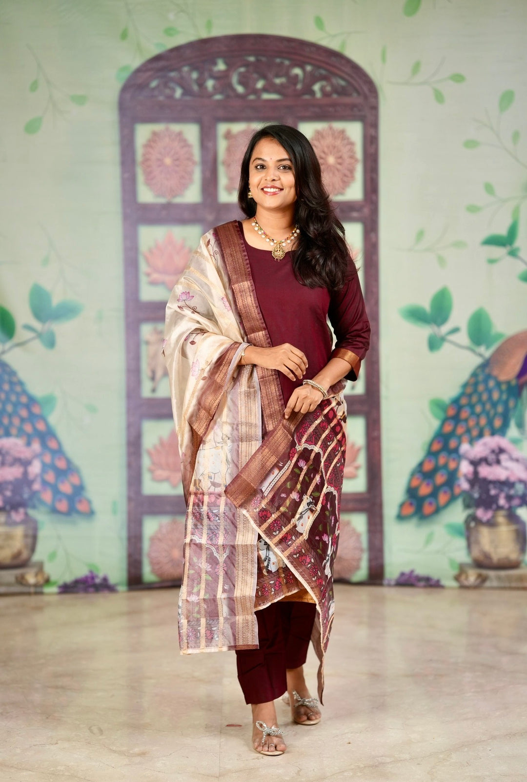 Poonghuzhalli  silk Kurta with border 3 piece set with organza gold zari dupptta