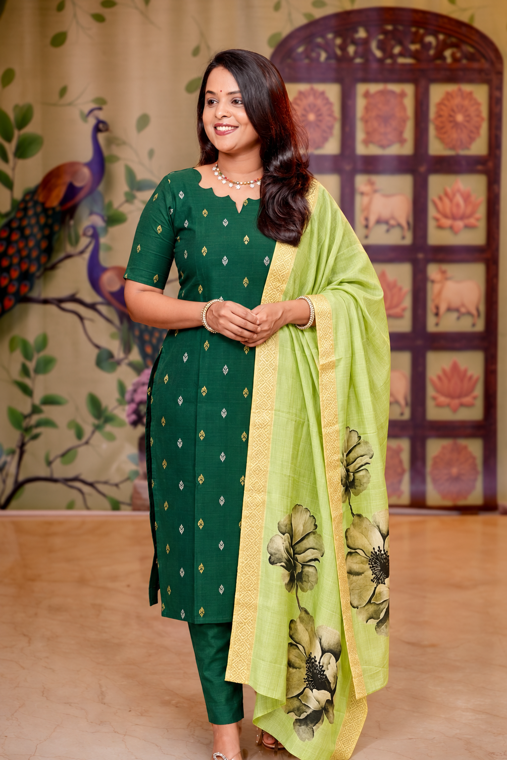 Aruvi -green  raw silk kurta with dupptta set of 2( non feeding)