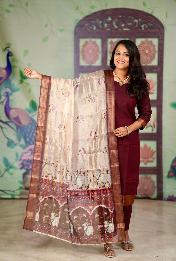 Poonghuzhalli  silk Kurta with border 3 piece set with organza gold zari dupptta