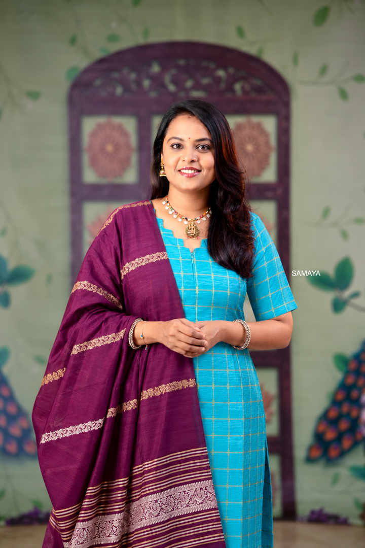 Thangam - sky blue raw silk Kurta Set of 3