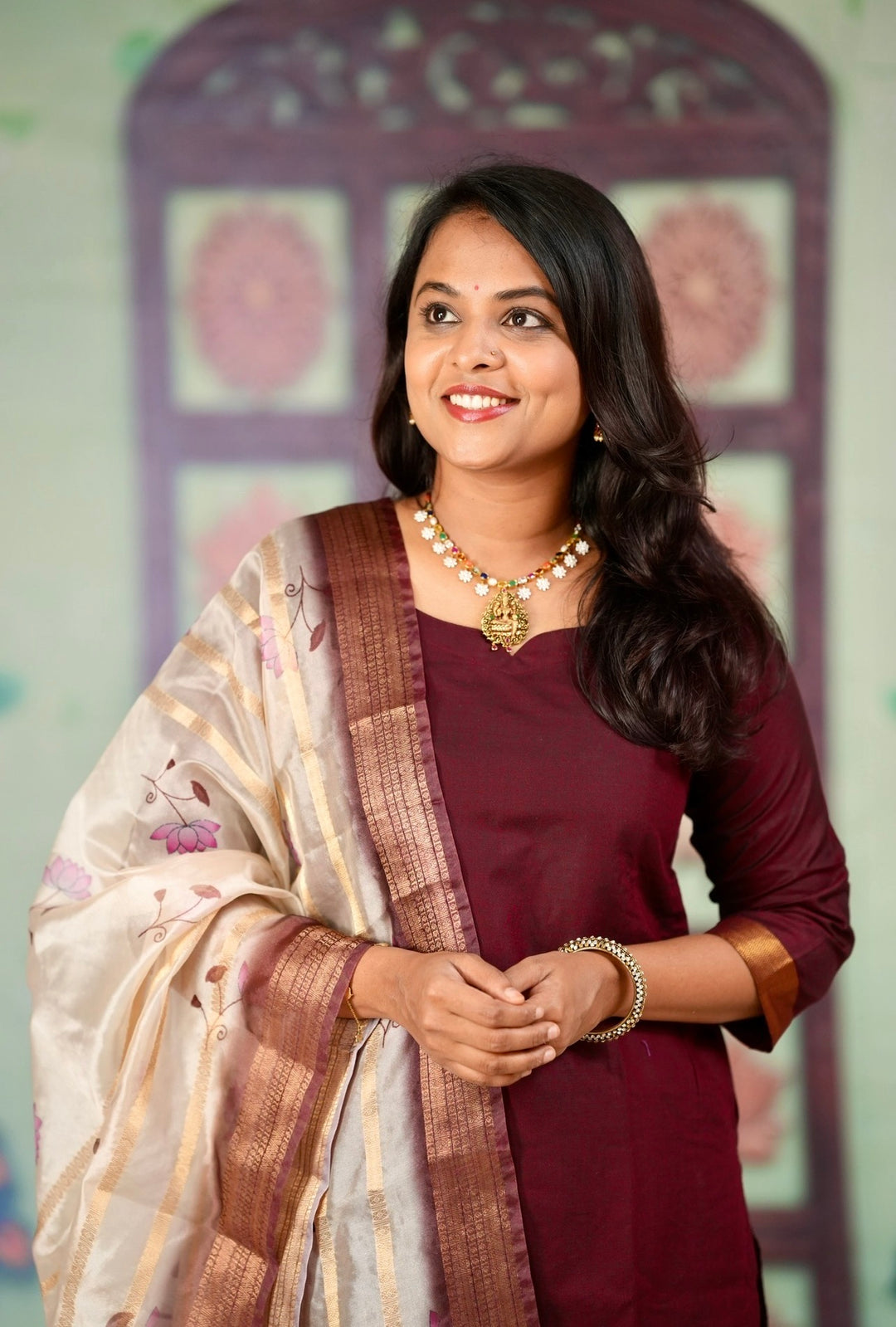 Poonghuzhalli  silk Kurta with border 3 piece set with organza gold zari dupptta