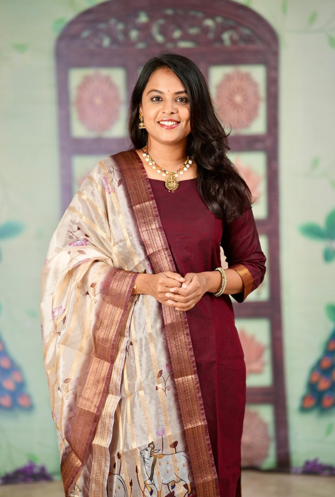 Poonghuzhalli  silk Kurta with border 3 piece set with organza gold zari dupptta