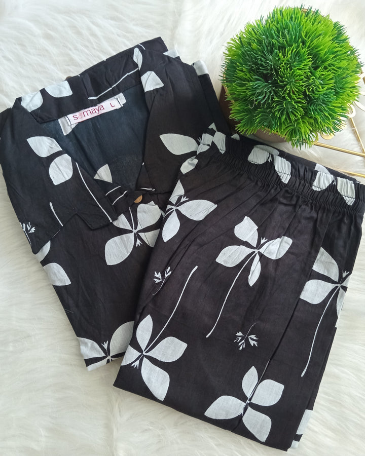 Black cotton kurta set (button opening)