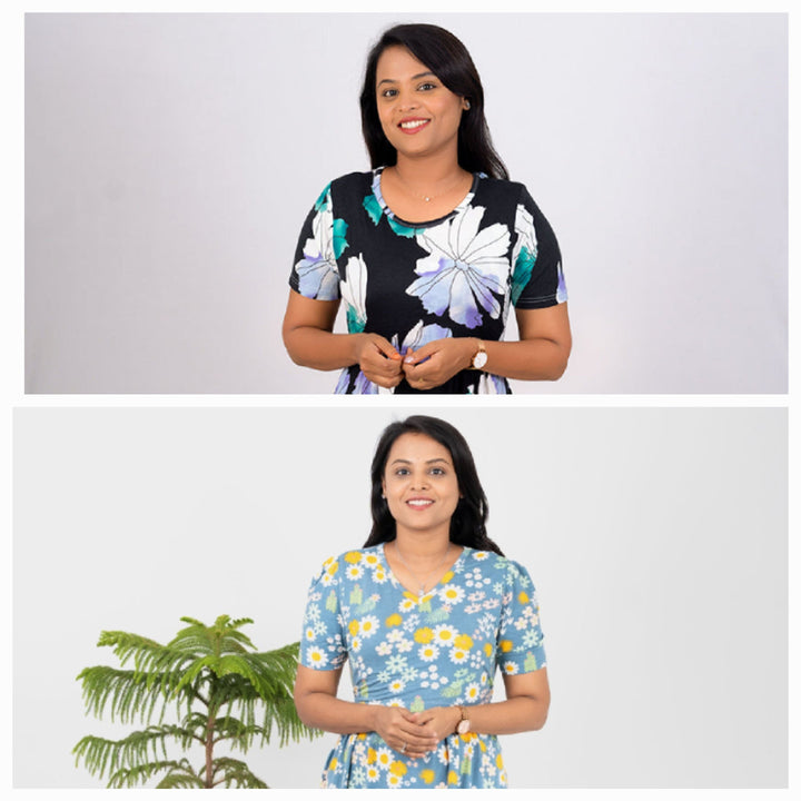 Combo midi pack of 2 lightweight maternity nursing dresses with floral prints and flap nursing access