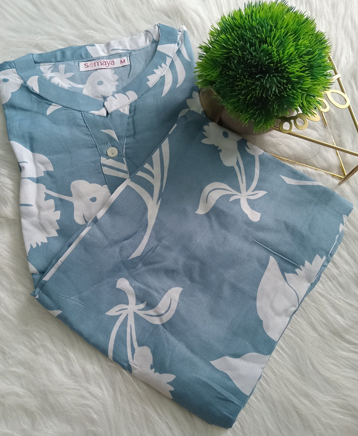 Haasya- blue night suit set (button opening) Relaxed Fit