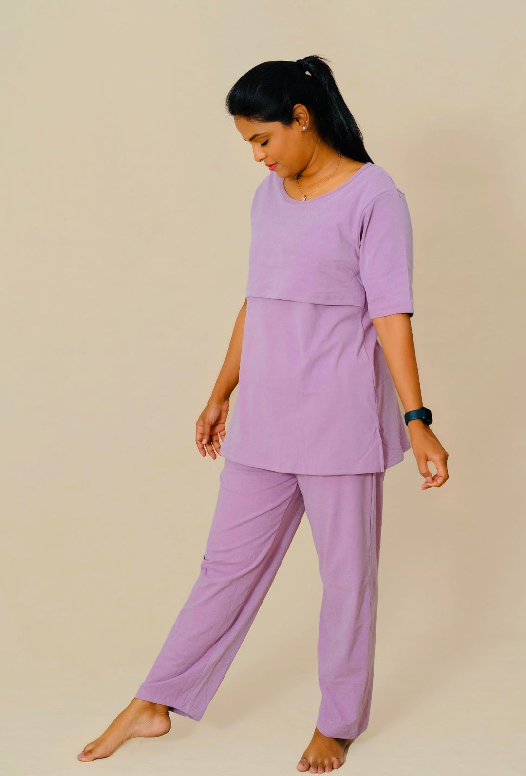 Lavender nursing top and pant set with flap for easy breastfeeding, mid sleeves, round neckline, and soft stretchable fabric.