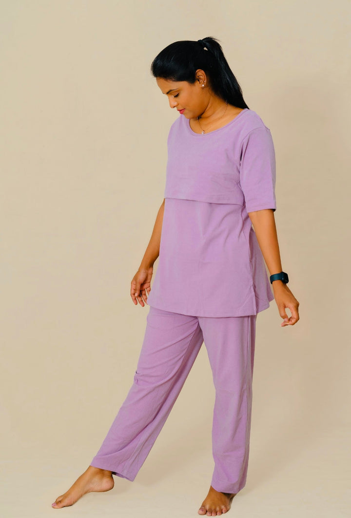 Lavender nursing top and pant set with flap for easy breastfeeding, mid sleeves, round neckline, and soft stretchable fabric.