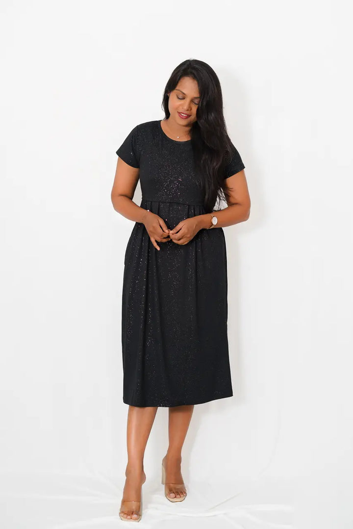 Midi black shimmer maternity nursing dress with flap and short sleeves